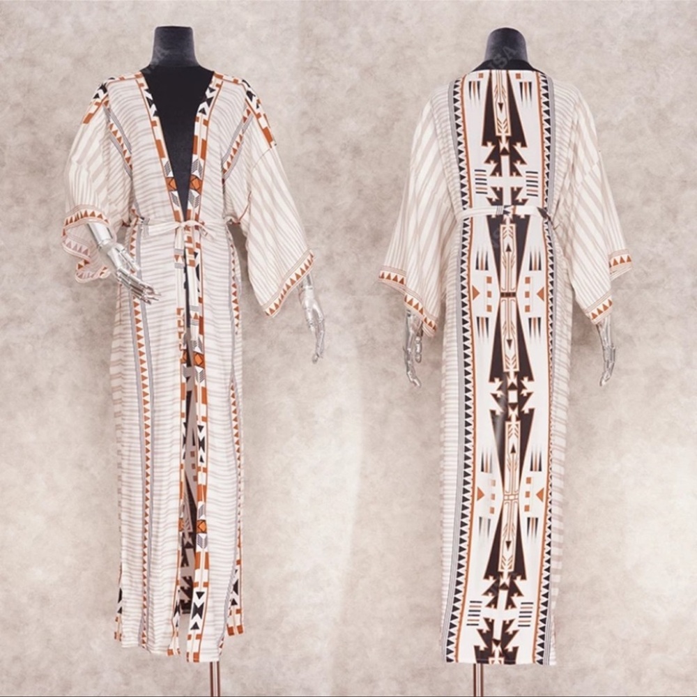 Western Boho Aztec Tribal Cotton Kimono Duster Wrap - Picture 7 of 7
